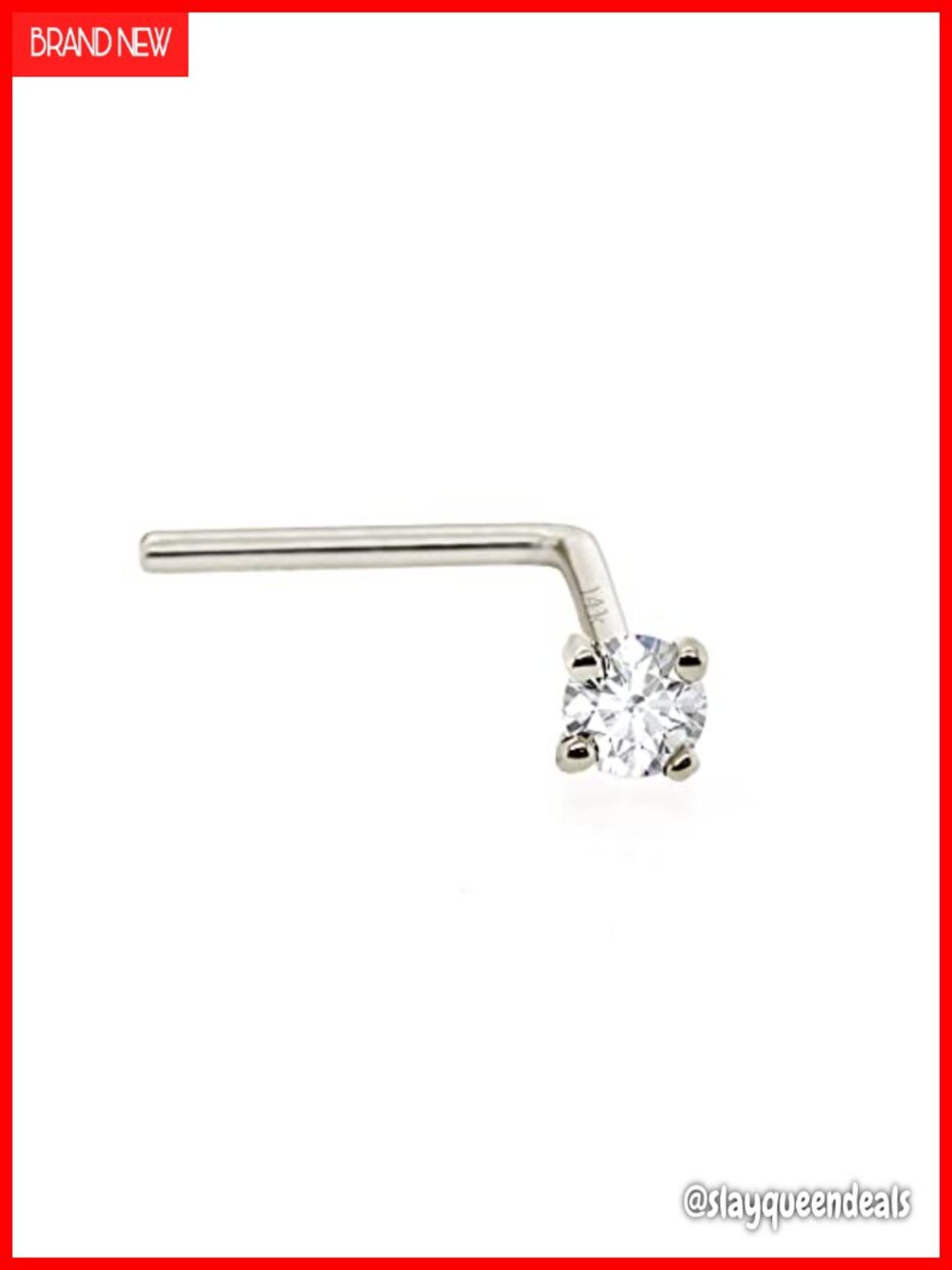 14Kt Gold Real Diamond Nose Stud 22G L-Shape Nose Ring April Birthstone